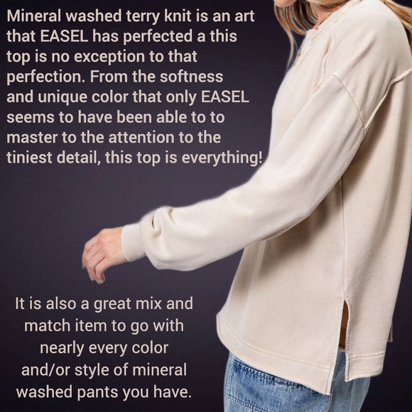 EASEL "All Good Things" Loose & Soft Mineral Washed Top V-Neck Side & Back Slits - Picture 3 of 13